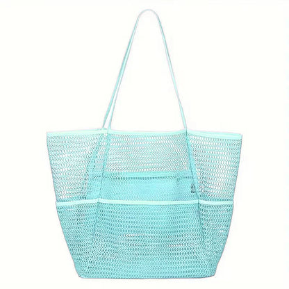 Detail of the secure zipper closure on a unisex multi-pocket mesh beach tote bag, camping storage