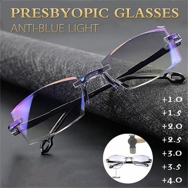 Computer reading glasses with blue light filter & multifocal lenses for digital eye strain relief.