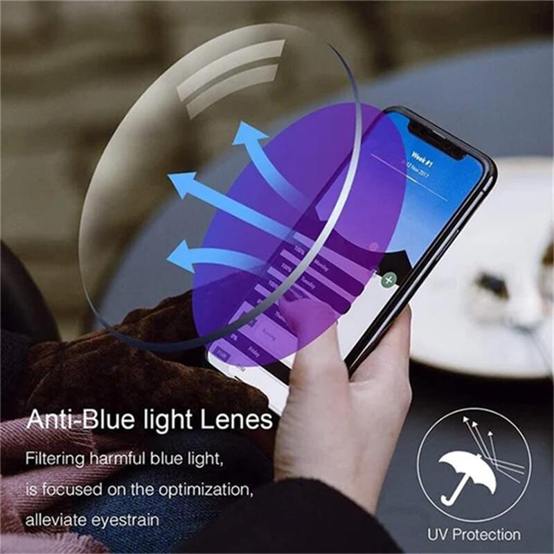 Lightweight unisex multifocal reading glasses with blue light filter for presbyopia & eye care.