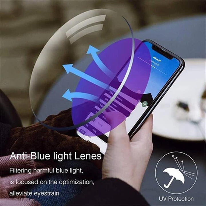Lightweight unisex multifocal reading glasses with blue light filter for presbyopia & eye care.