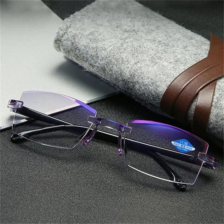 Clear vision multifocal blue light reading glasses for eye protection against digital screen glare.