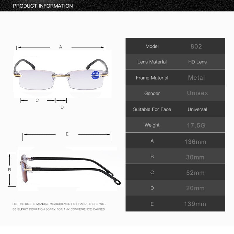 Lightweight & durable TR90/titanium multifocal reading glasses, anti-blue light for enhanced vision protection.