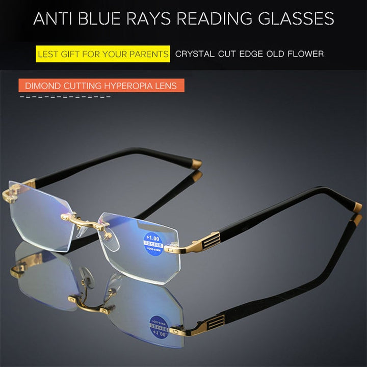Close-up of multifocal anti-blue light lenses, showcasing advanced progressive vision technology.