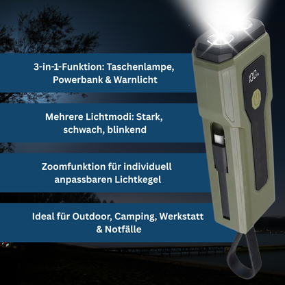 Compact LED lamp with integrated power bank, perfect for outdoor adventures and charging devices on the go.