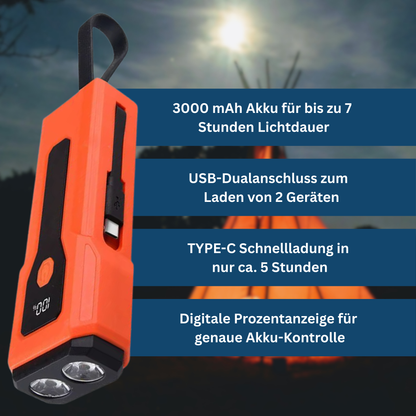 Portable camping light and emergency lamp with USB power bank, a versatile outdoor gear essential.