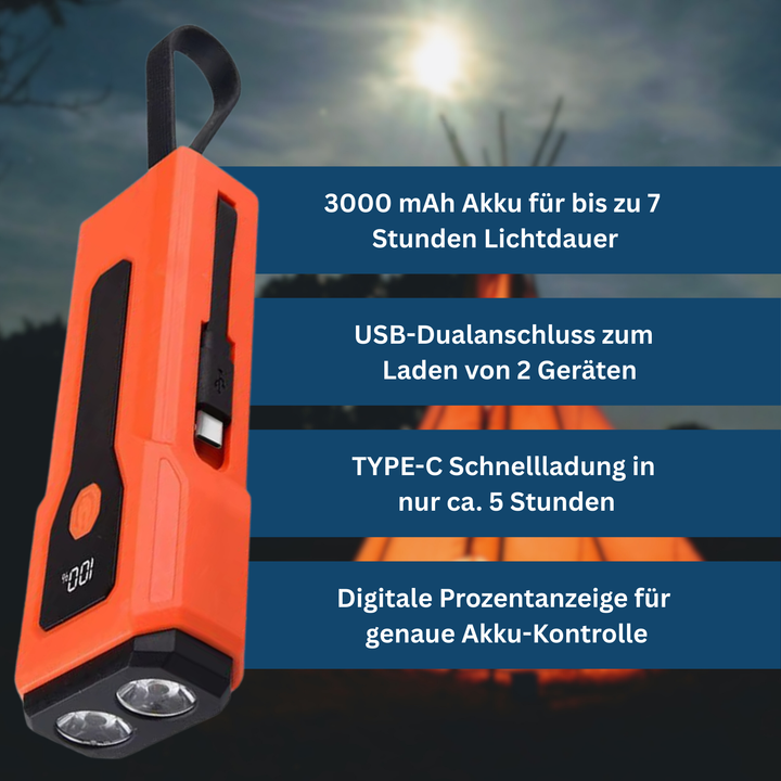 Portable camping light and emergency lamp with USB power bank, a versatile outdoor gear essential.