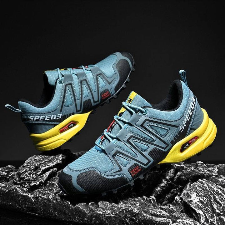 Breathable outdoor footwear, gray & black unisex multisport shoes, ideal for trails & cycling.