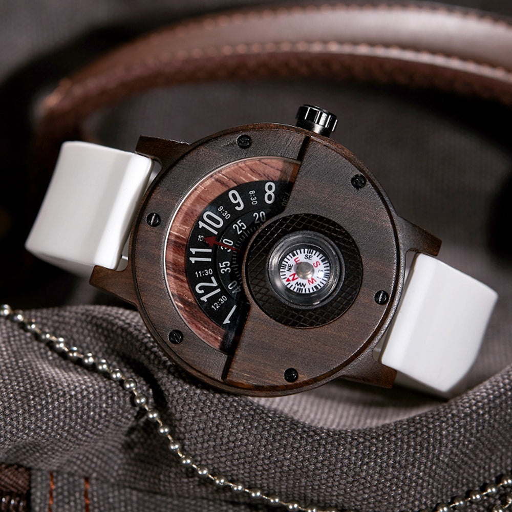 Close-up of natural wood quartz watch dial, highlighting the unique wood grain & craftsmanship.