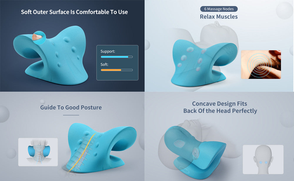 Massage pillow for neck and shoulder alignment, reduces discomfort.