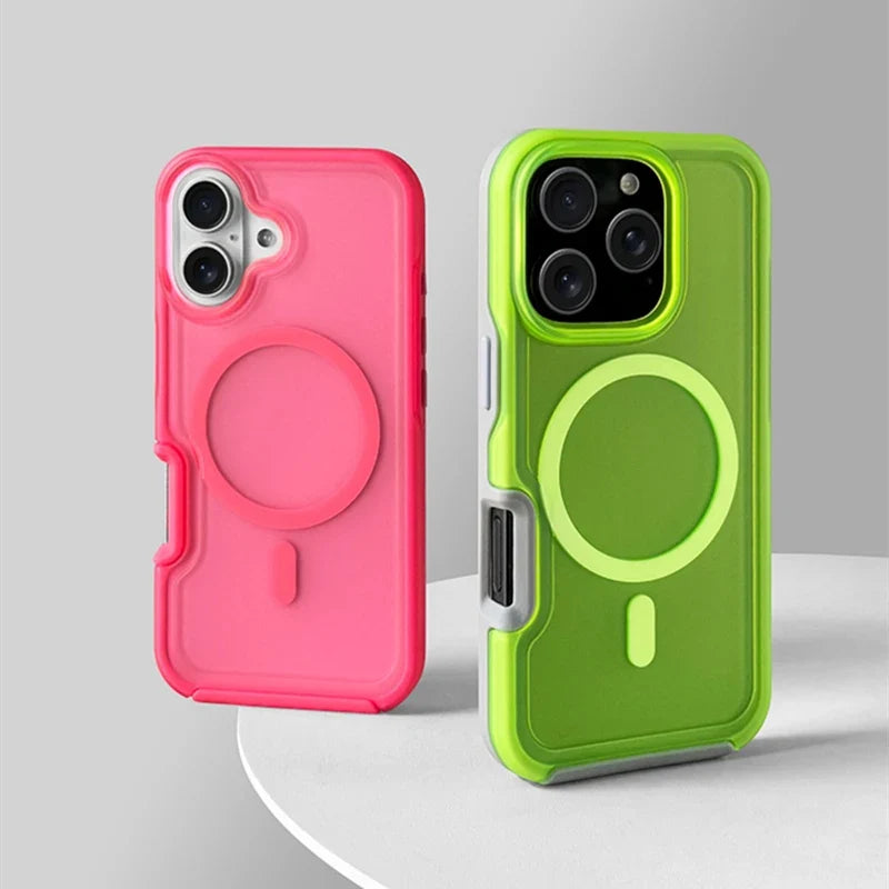 Protective Neon iPhone case. Shockproof, scratch-resistant, non-slip cover for magnetic charging. Durable phone accessory.