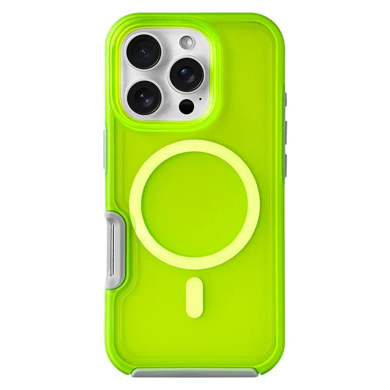 All-around protective Neon iPhone case. Dustproof, shockproof, scratch-resistant. Magnetic wireless charging phone accessory.