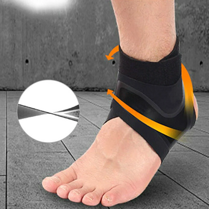 Close-up of the adjustable neoprene ankle support brace, highlighting material and straps.