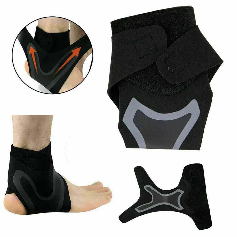 Unisex foot compression brace worn on an ankle, providing support for pain relief & recovery.