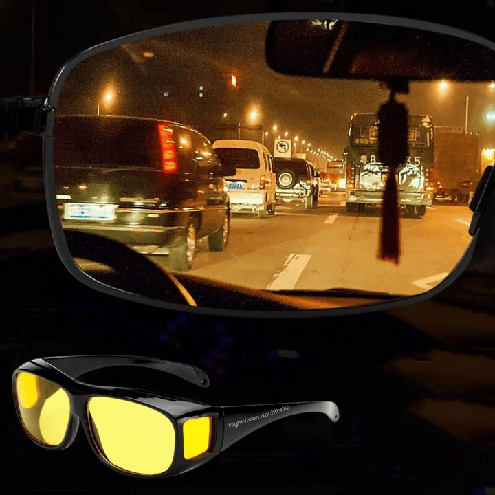 Protective unisex driving glasses with yellow HD lenses for glare reduction & improved contrast at night.