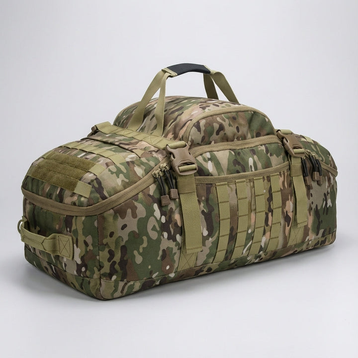 Adventure-ready Nomadridge travel bag, featuring Molle attachments for gear customization & rugged outdoor use.