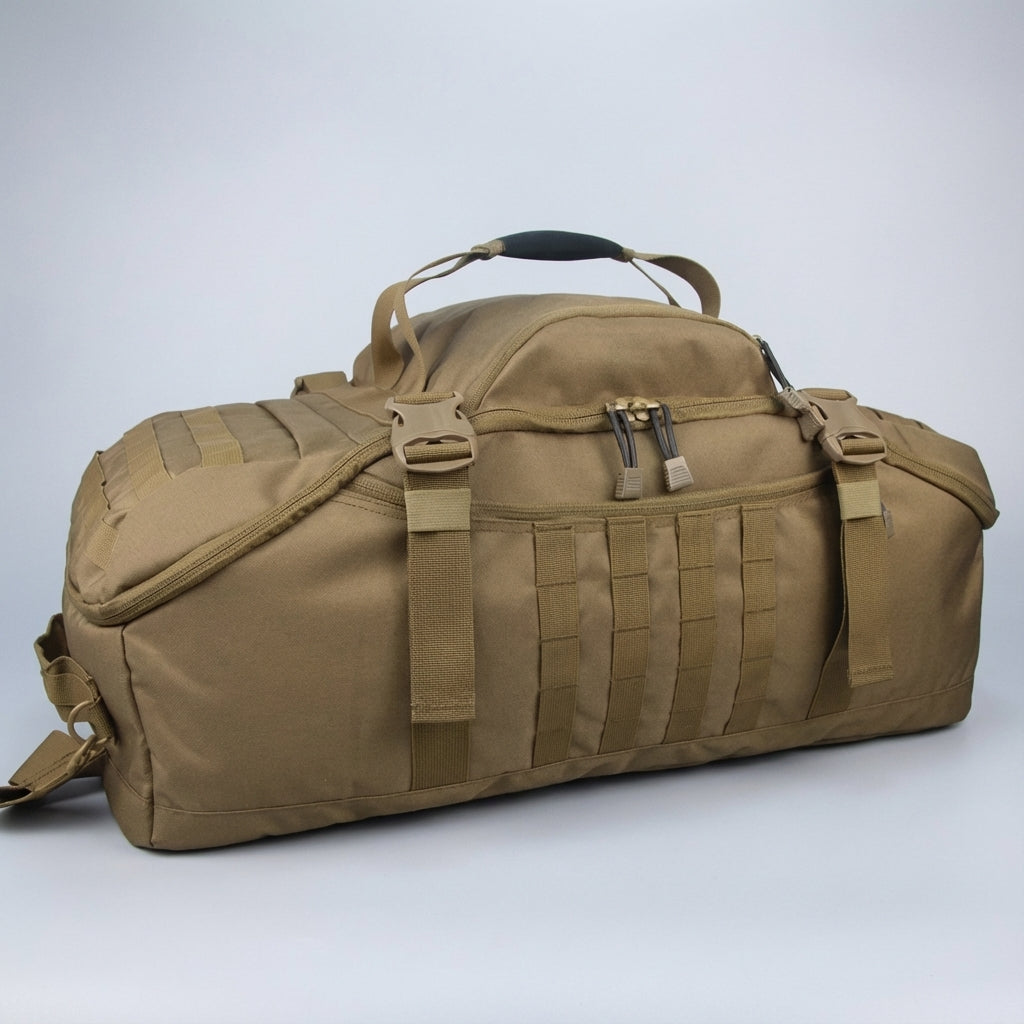 Detail view of Nomadridge travel duffel bag showing robust zippers and durable fabric for rugged travel.
