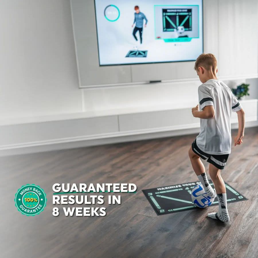 Athlete performs football drills on a non-slip training mat, enhancing ball control & coordination at home.
