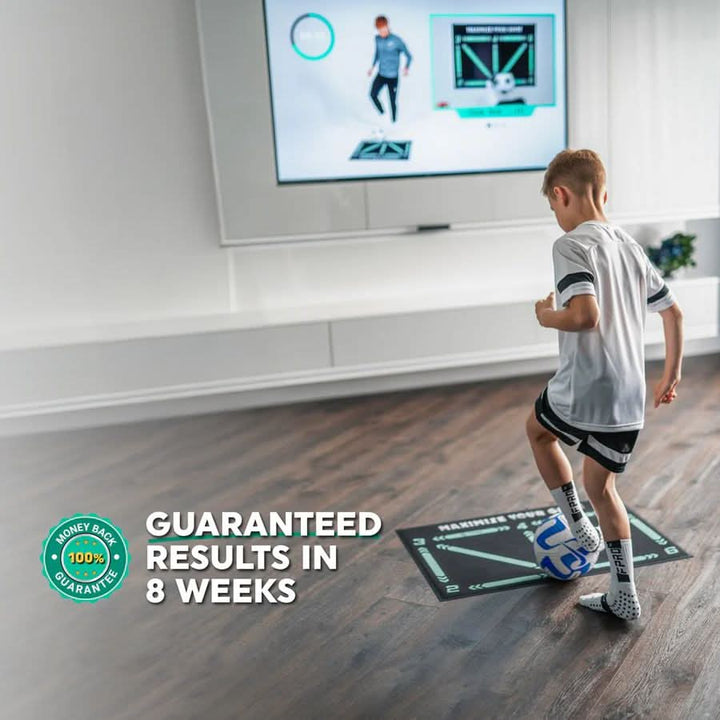 Athlete performs football drills on a non-slip training mat, enhancing ball control & coordination at home.