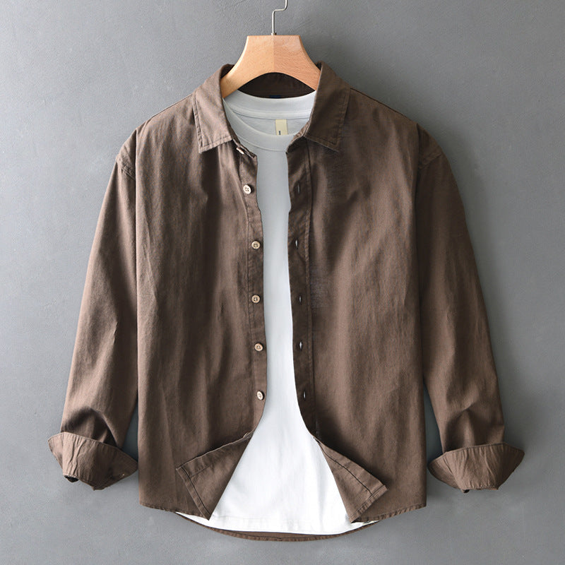 Comfortable brown unisex Nova relaxed fit button-up shirt, a versatile long sleeve for spring & summer casual style.