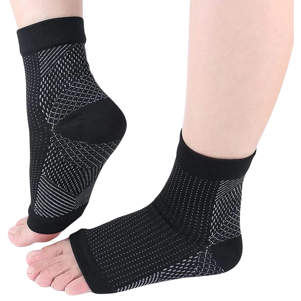 Close-up of flexible open-toe compression support socks, promoting daily comfort & active foot relief. Unisex design.
