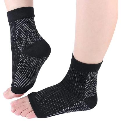 Close-up of flexible open-toe compression support socks, promoting daily comfort & active foot relief. Unisex design.