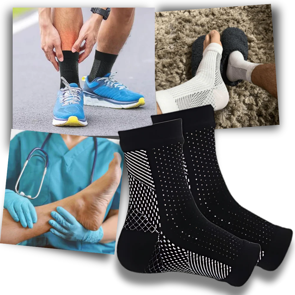 A pair of unisex open-toe compression socks, providing comfortable support and relief for active daily routines.