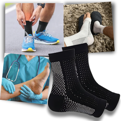 A pair of unisex open-toe compression socks, providing comfortable support and relief for active daily routines.