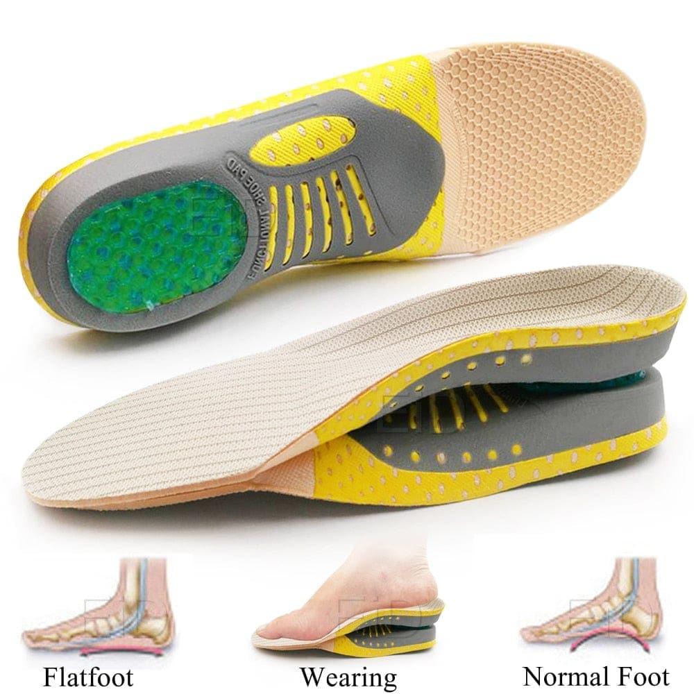 Premium orthopedic gel insoles. Arch support for flat feet, plantar fasciitis, and shock absorption comfort.