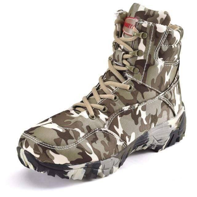 Military style camouflage hiking shoes for outdoor activities, offering durable and non-slip traction.
