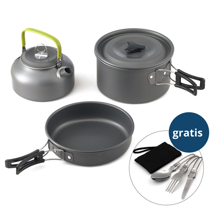 Compact camping cookset with pots and pans for outdoor kitchen and travel meals