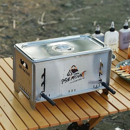 Efficient multi-function charcoal camp grill and stove for all outdoor cooking needs.