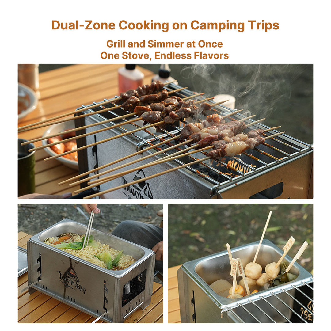 Multi-function charcoal grill and stove, ideal for camping and outdoor cooking.