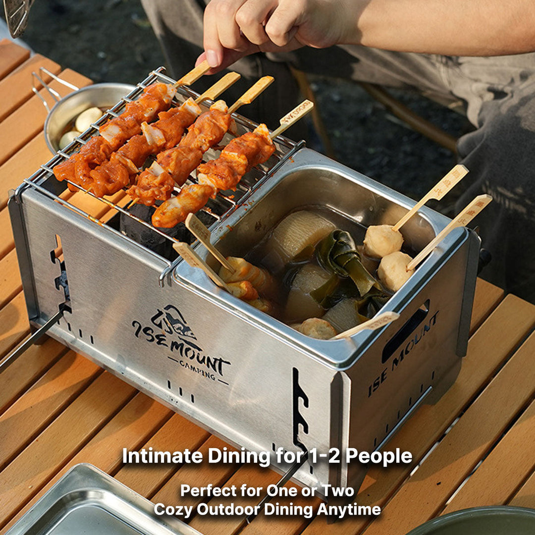 Unisex camp kitchen essential: multi-function charcoal grill and stove.