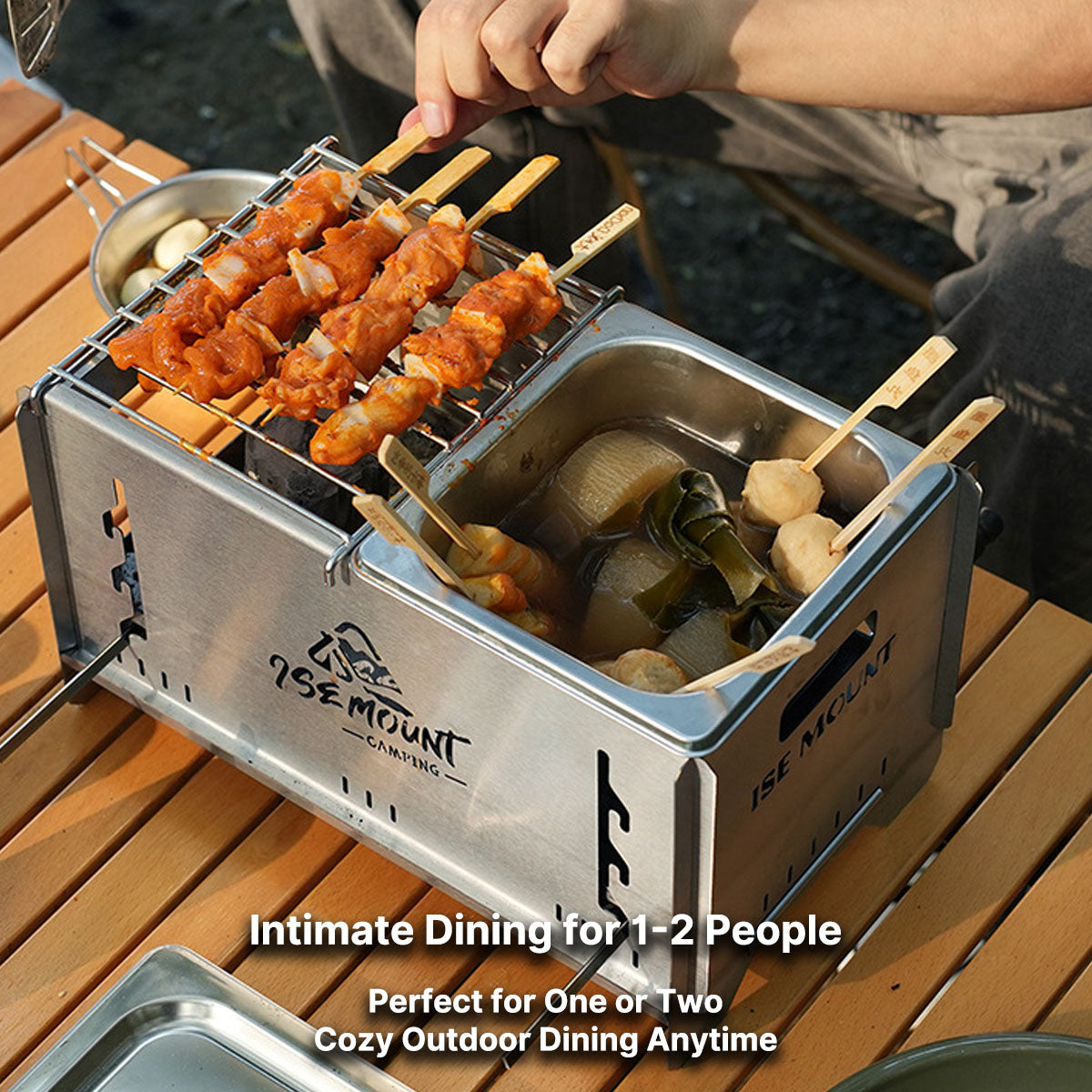 Unisex camp kitchen essential: multi-function charcoal grill and stove.