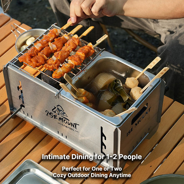 Unisex camp kitchen essential: multi-function charcoal grill and stove.