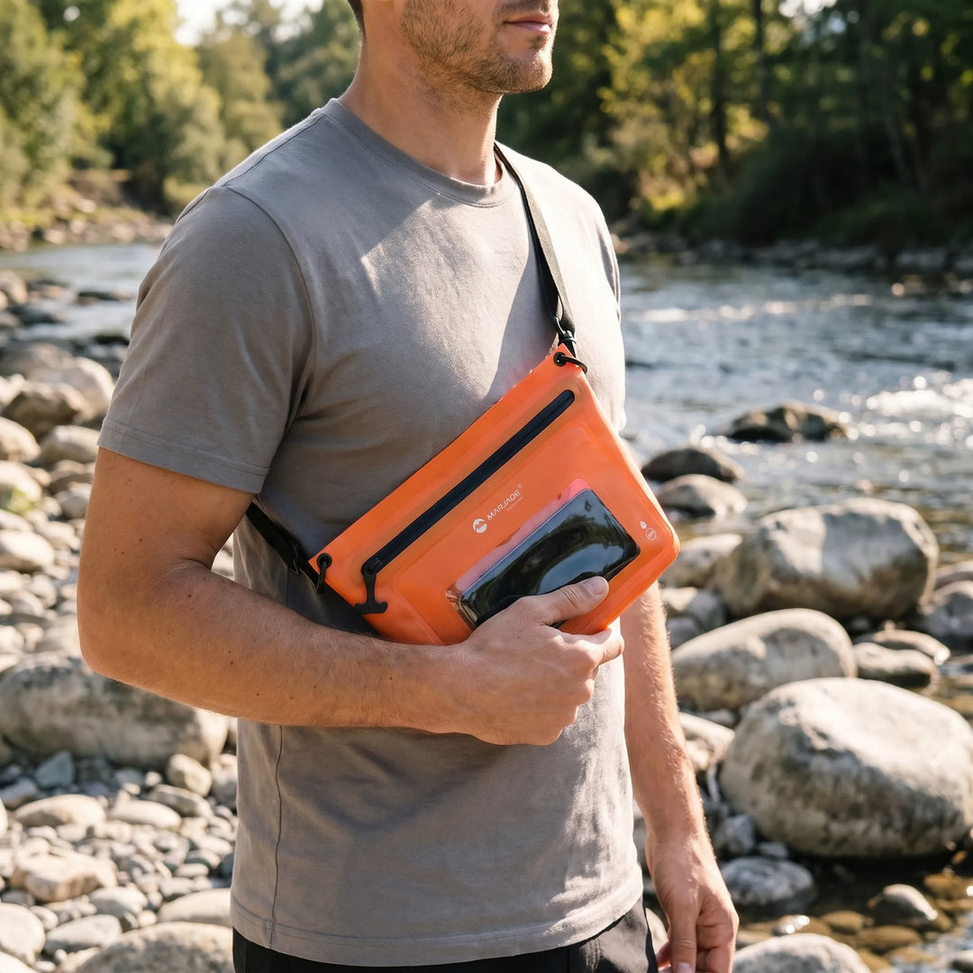 Unisex outdoor crossbody shoulder bag with touchscreen phone window, ideal for travel & adventure.