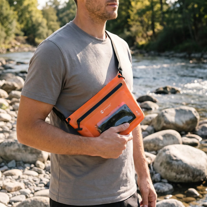 Unisex outdoor crossbody shoulder bag with touchscreen phone window, ideal for travel & adventure.