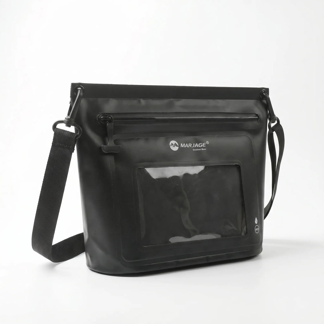 Hands-free outdoor crossbody bag, secure storage & touchscreen access for phone during activities.