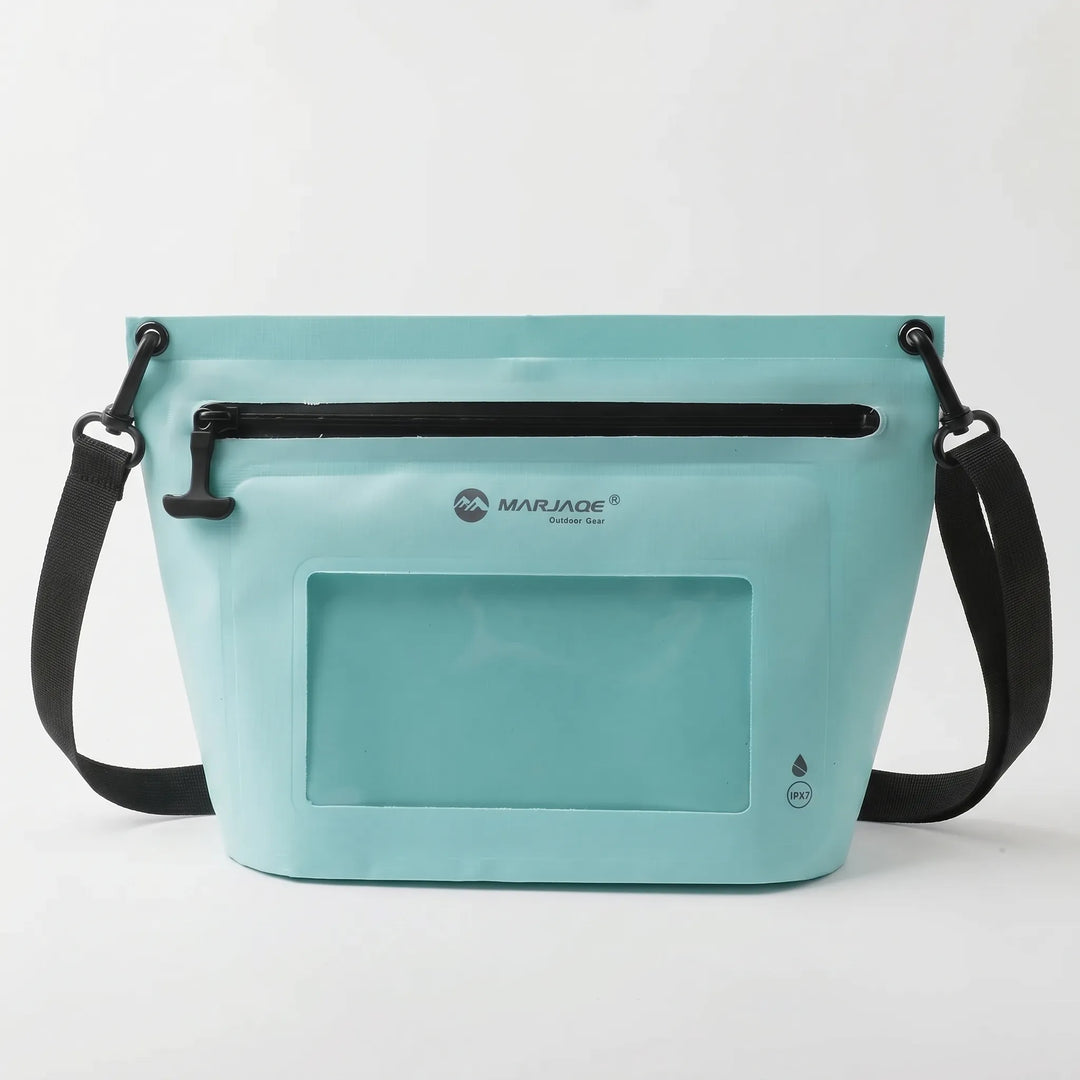 Versatile unisex shoulder bag for hiking, kayaking, and travel; features a protective phone window.