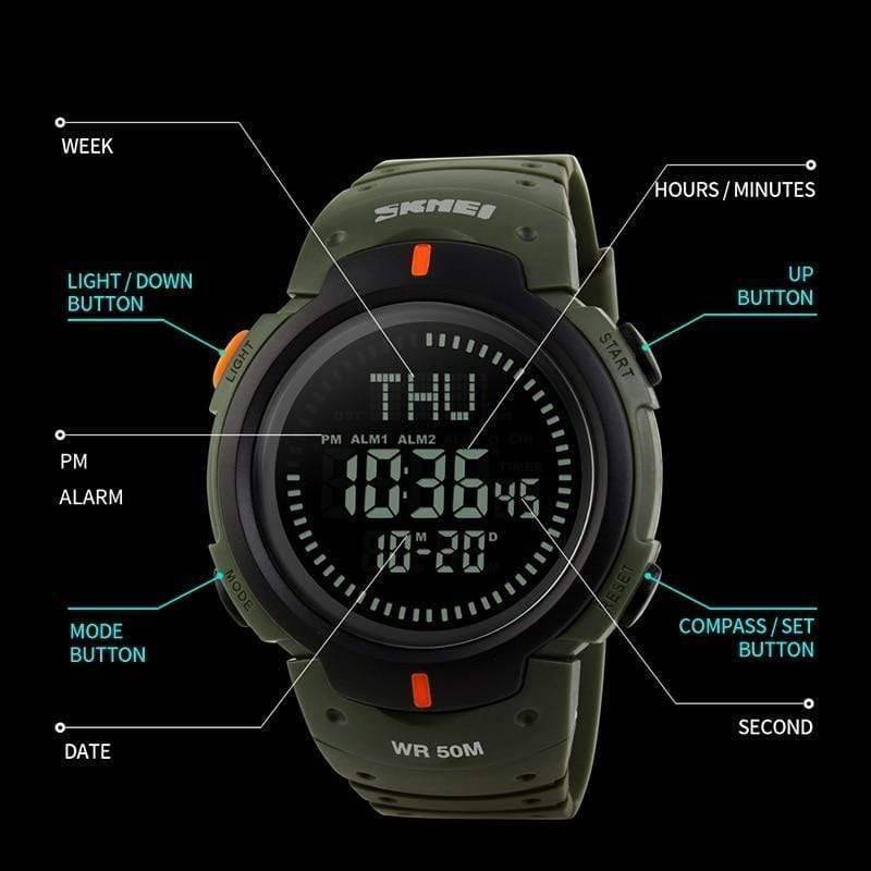 Tactical black digital watch for men and women, featuring a built-in compass.