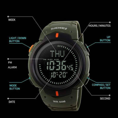 Tactical black digital watch for men and women, featuring a built-in compass.