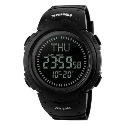 Sporty digital watch with integrated compass, suitable for outdoor activities and survival.