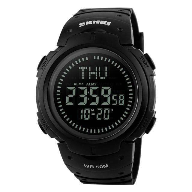Sporty digital watch with integrated compass, suitable for outdoor activities and survival.