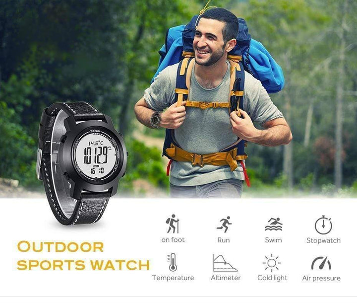 Unisex outdoor digital sports watch with compass, altimeter, barometer, and thermometer, black band, clear display.