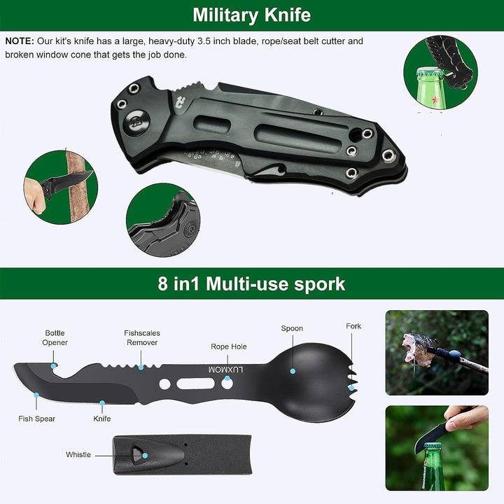 Outdoor emergency gear kit, visible contents for camping and hiking preparedness