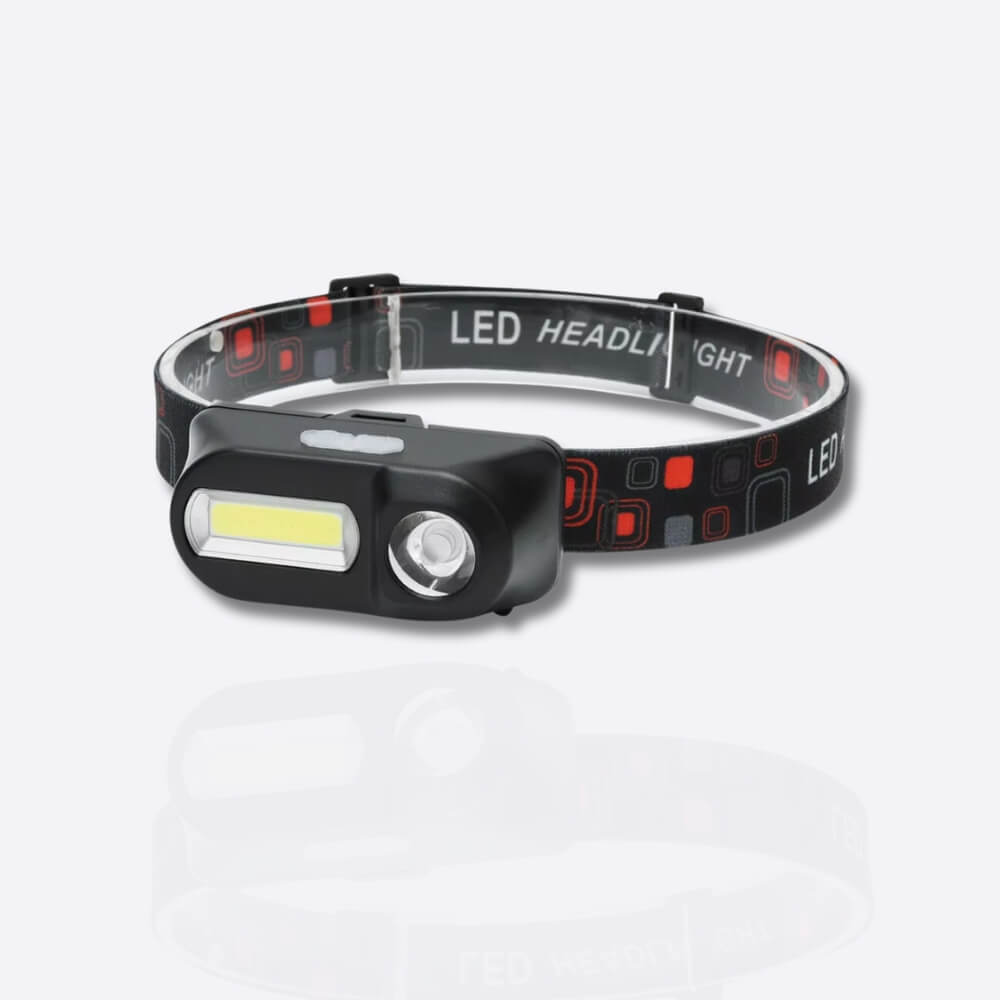 Unisex outdoor LED headlamp for hiking with adjustable strap and bright beam, essential trail gear.