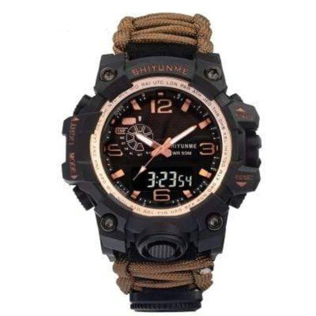 Durable camping watch with digital display, compass, and emergency rope, perfect for hiking and outdoor activities.