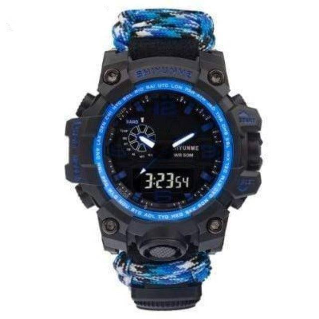 Military-style digital quartz watch showing time and date, designed for durability in harsh outdoor conditions.