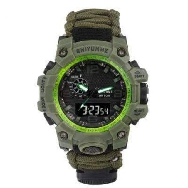 Adventure-ready digital watch with shockproof features, integrated emergency rope, essential for camping and hiking.