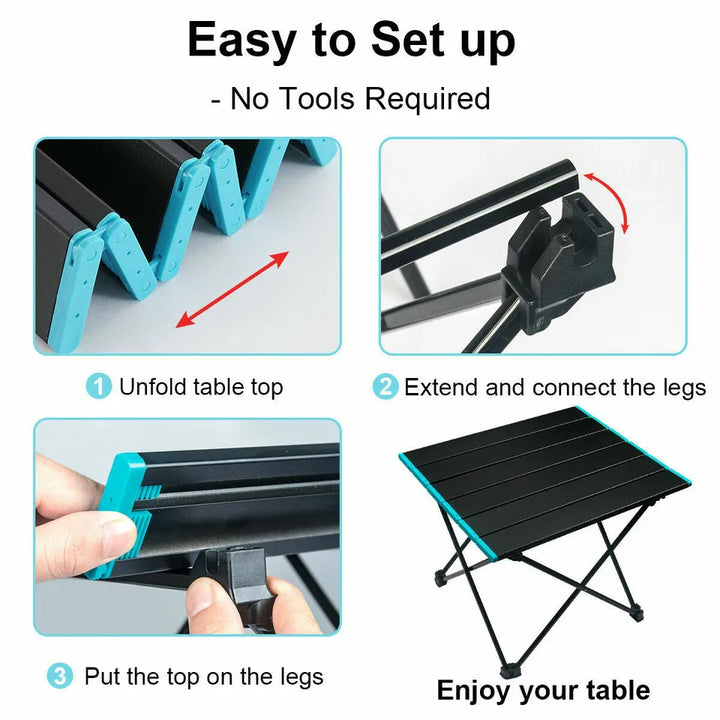 Happy campers using the compact aluminum folding table for a meal at their campsite, enjoying nature.